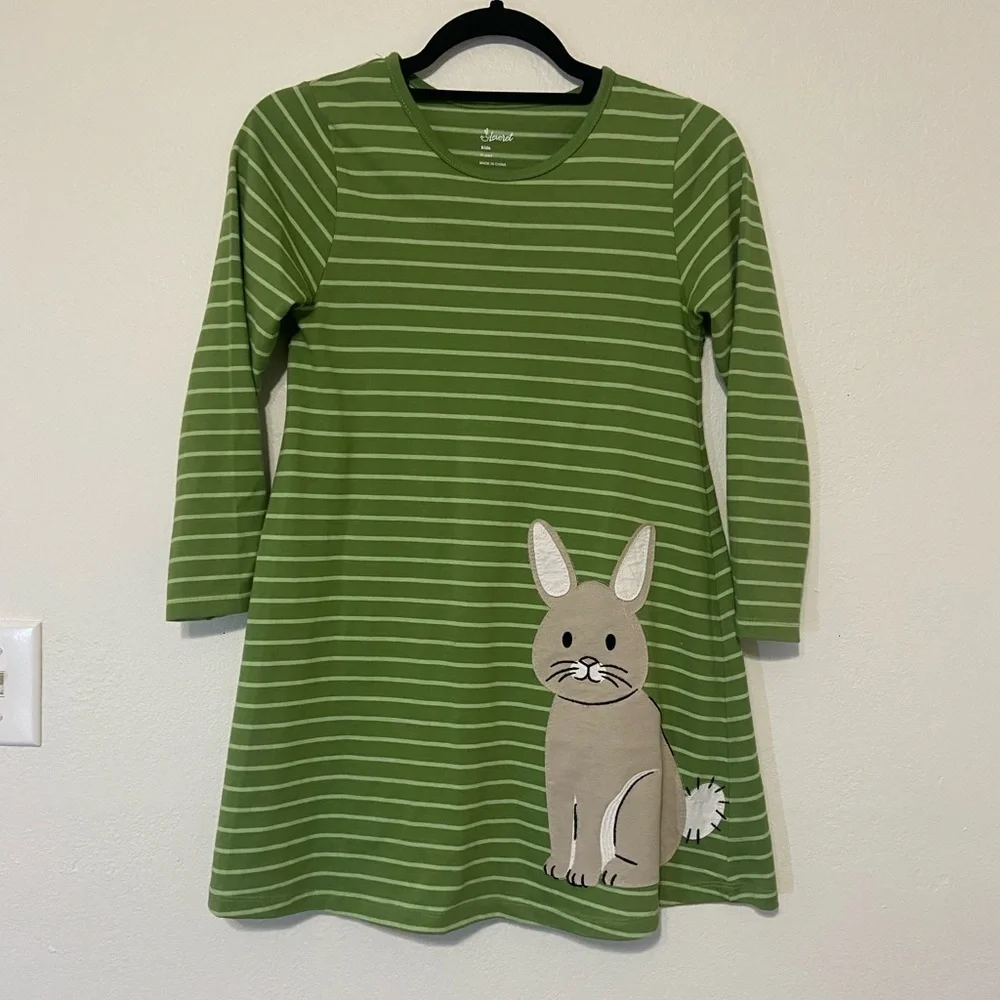 Leveret girls size 10 green stripe bunny cotton long sleeve dress LIKE NEW - Picture 3 of 8